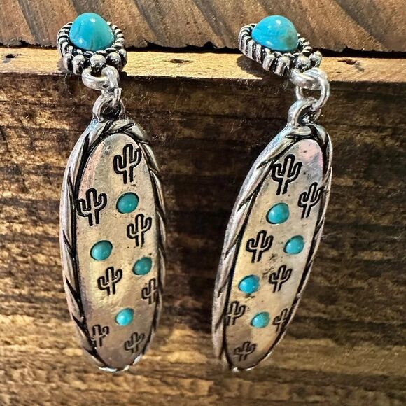 Boho Hippie Cowgirl Western Stamped Stone Silver Earrings - Cactus Turquoise, G - Picture 1 of 9